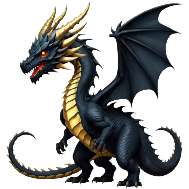 Massive ancient black dragon with obsidian scales, scarred powerful wings, glowing gold eyes, long curved horns, spiked neck ridges, and a brutal morningstar tail. Intimidating, muscular, regal presence. emoji