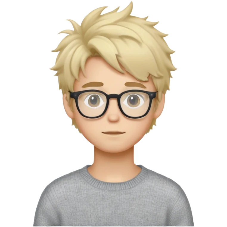 Twink with blonde messy hair and glasses, white skin and a grey sweater emoji
