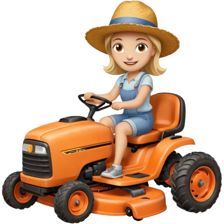 White woman without glasses wearing a straw hat, on old orange ride on lawn mower.  emoji