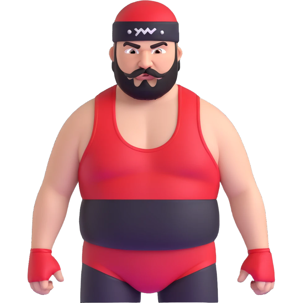 Close-up of very fat white skin guy with young face, beard and mustache, no muscle with prominent black durag, black eyes in a red and black wrestling singlet with angry face emoji