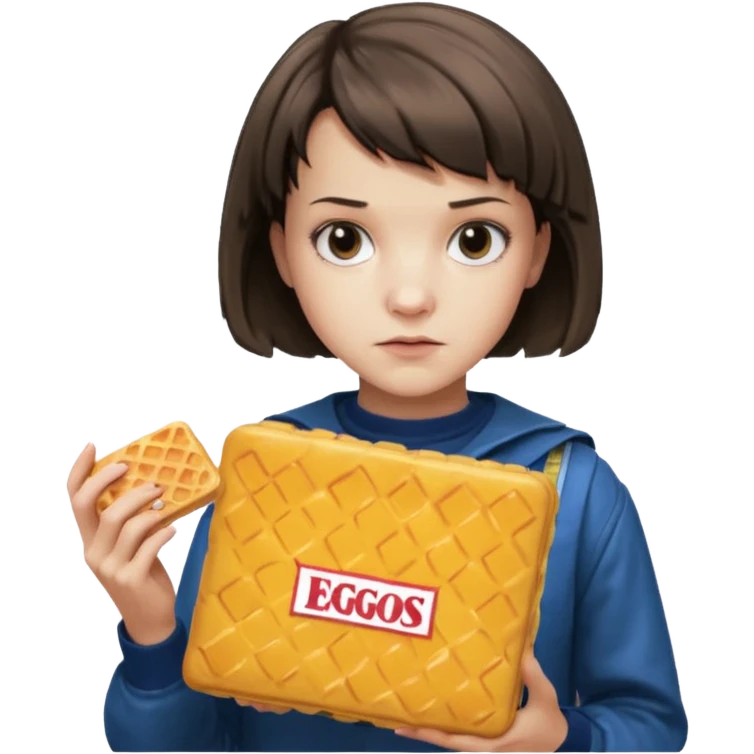 Eleven from Stranger Things, short hair, intense expression, 80s style outfit, holding a box of Eggo waffles emoji