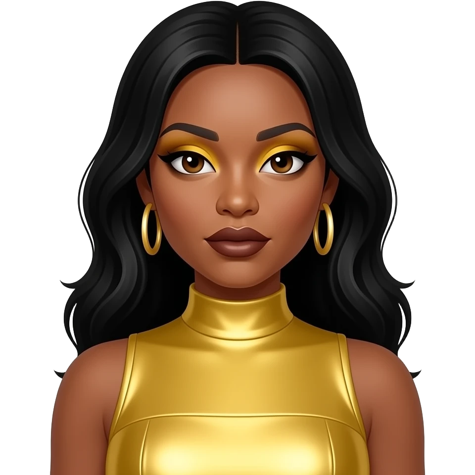 Rozonda Chilli Thomas from TLC with dark brown eyes, long black hair, yellow eyeshadow, dark brown lipstick, yellow metallic high neck dress, earrings emoji