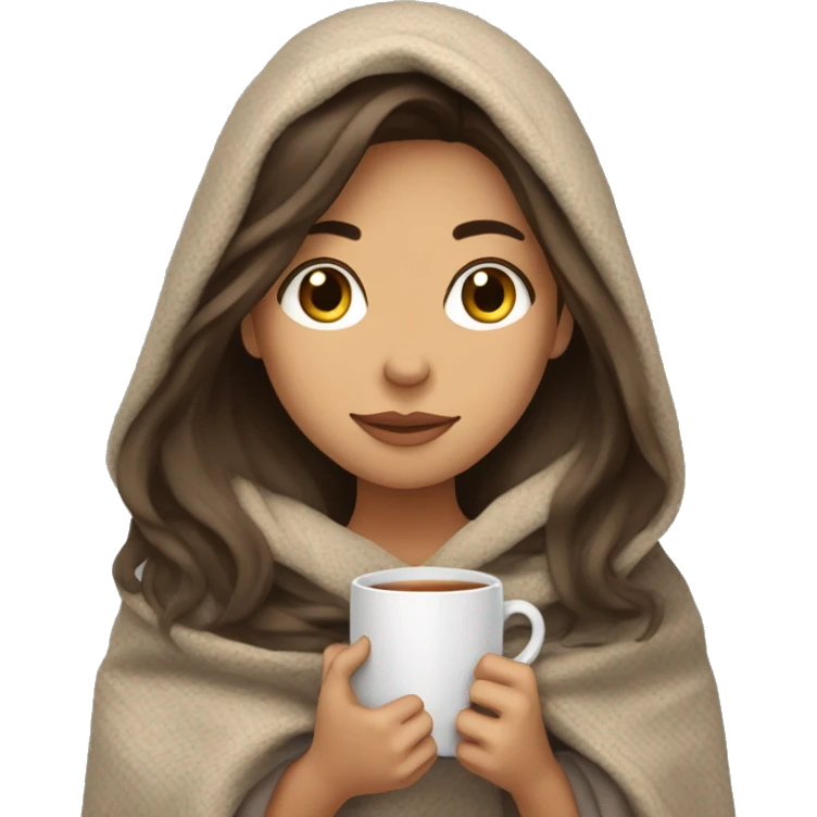 brunnette girl with long hair snuggled up in a blanket and holding a hot tea in her hands  emoji