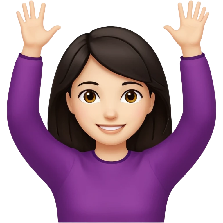 Girl with dark hair holding arms up like ‘oh well’ or ‘I don’t know’ while smiling  emoji
