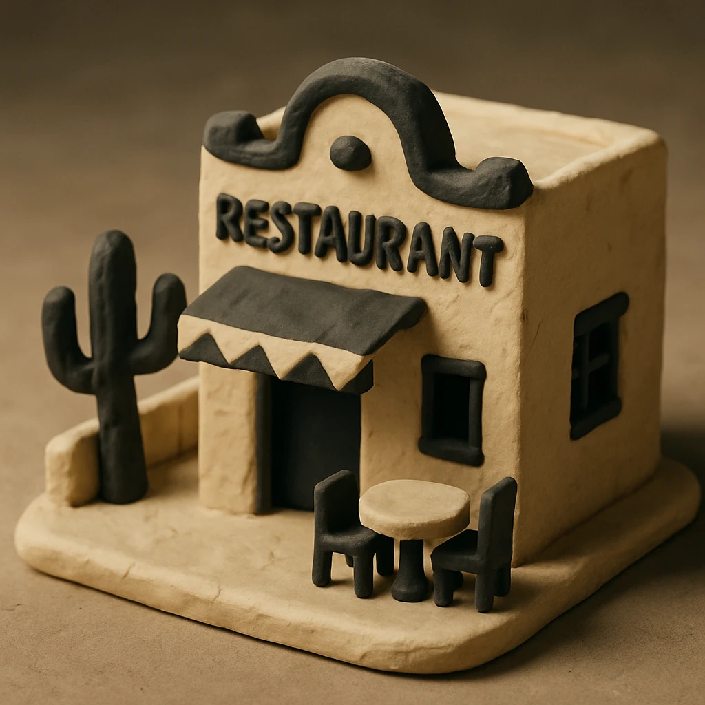 isometric exterior of a small southwestern restaurant, black, beige, and white color palette, 3D realistic, claymation look emoji
