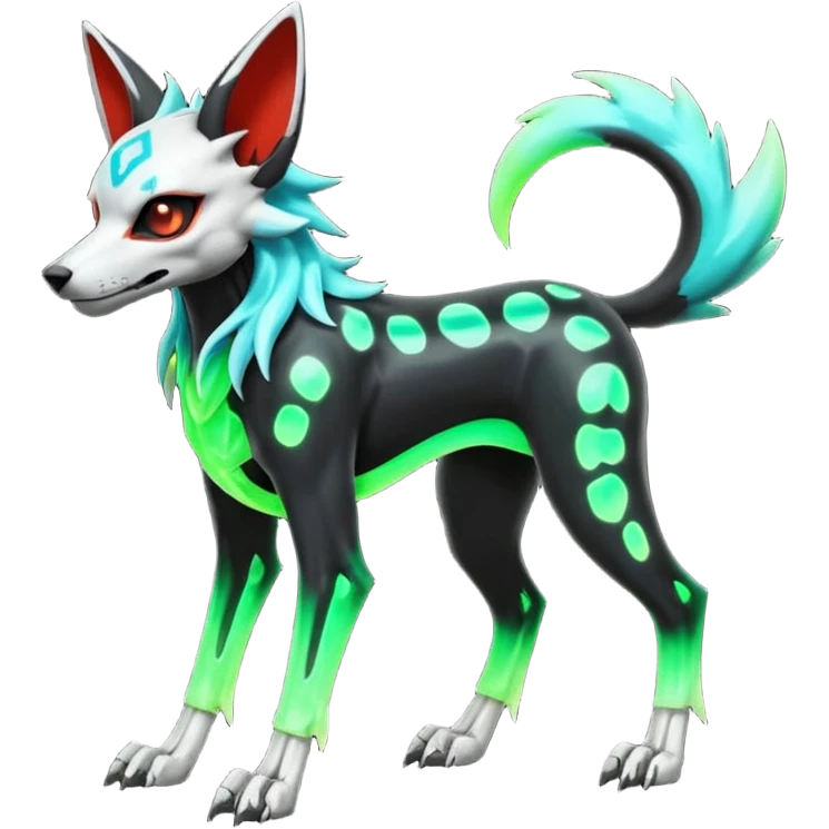Hyper realistic slim eledemonic skeletal black and neon green futuristic shiny colorful bioluminescent cyber-Poochyena-Lycanroc-Zorua-Litten-Houndoom-Fakémon-Pokémon-Digimon-hybrid-fusion (full body) with a skull face emoji