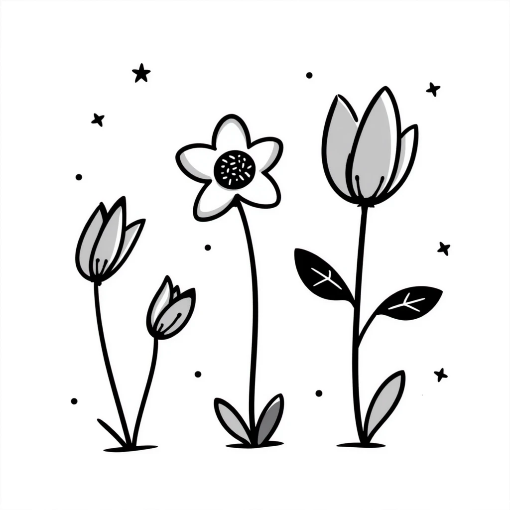 space flowers with whimsical and hand drawn style emoji