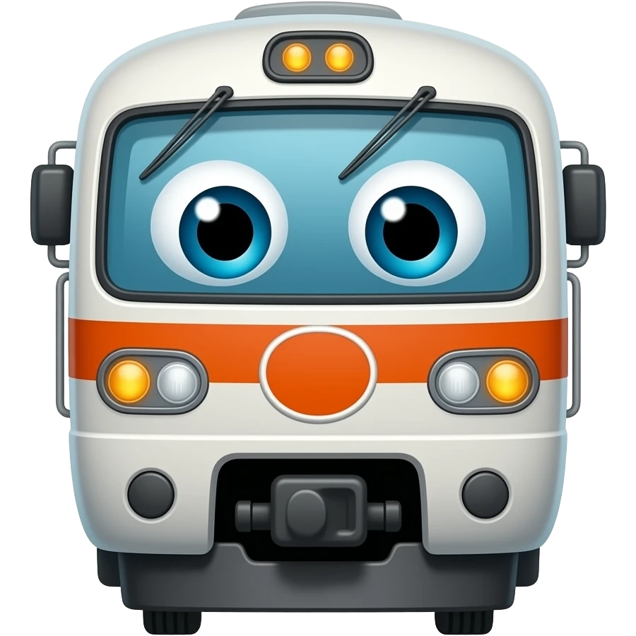 A passanger train with a baby eyes in the front emoji