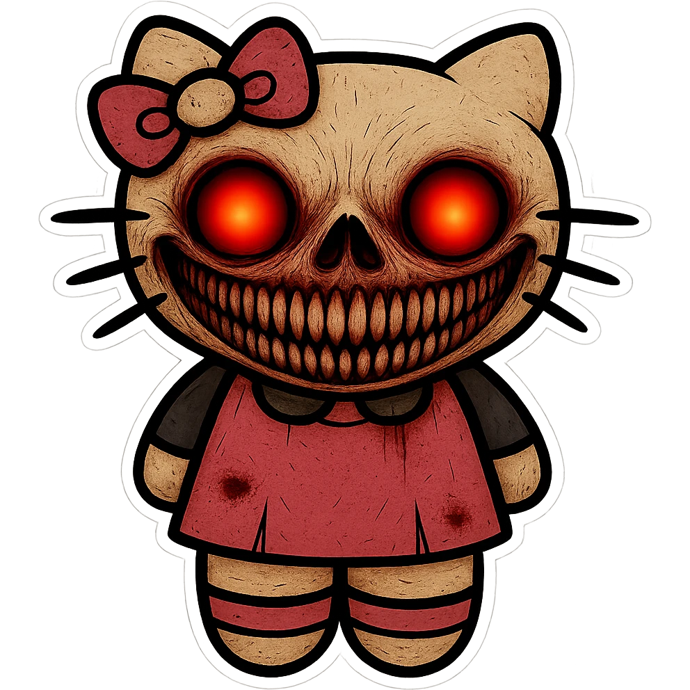 Make Hello Kitty's horror face smile much wider, keeping the glowing red eyes and unsettling features, in sticker style. The style is sticker style with no background. emoji