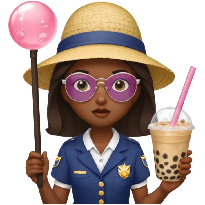 A Angry Teen Female with Dark skin and Bald, oval face, wearing a Uniform outfit, a Sunhat, Sunglasses, carrying a Enchanted staff, working as a teacher, while drinking Bubble tea and reading a Comic.
 emoji