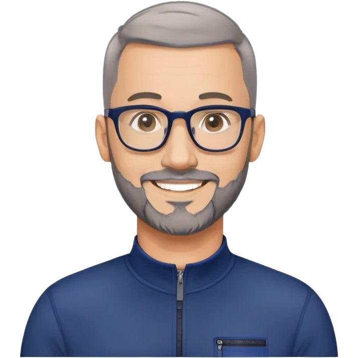 40-year-old light-skinned man with almost buzzcut haircut, short gray beard, large black-framed glasses, smiling face, wearing a navy blue zip-neck long sleeve athletic shirt emoji