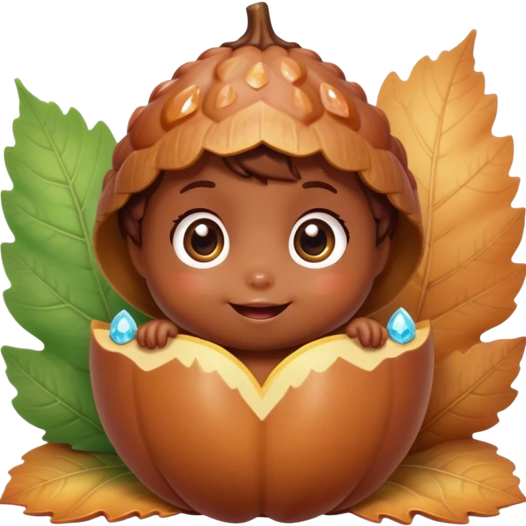 Cinematic tiny happy acorn, glossy brown, soft glowing highlights, tiny adorable face with big sparkly eyes, sitting on a pastel leaf, warm and cheerful. emoji