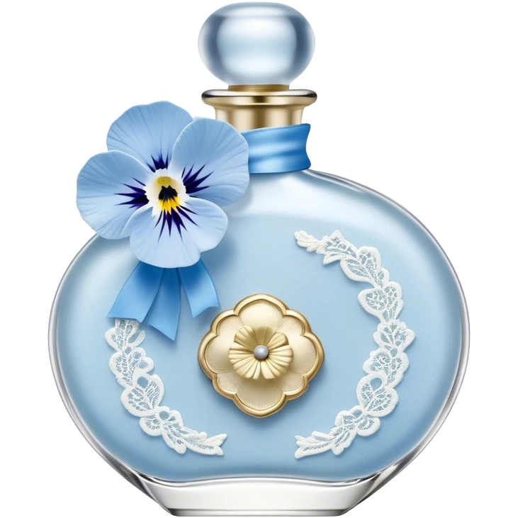 On a background of textured ivory lace, a delicate frosted glass perfume bottle sits at the center, adorned with a pale blue satin ribbon, tied into an elegant bow. The soft translucency of the bottle hints at the floral notes hidden within, while a cluster of white and sky-blue pansies rests beside it, their velvety petals curling slightly at the edges. The light reflects gently off the intricate patterns in the lace, creating an ethereal interplay of textures and shadows, enhancing the dreamy, vintage aesthetic. emoji