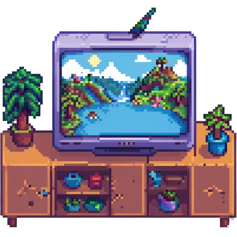 blue television displaying a vibrant and playful Minecraft scene emoji