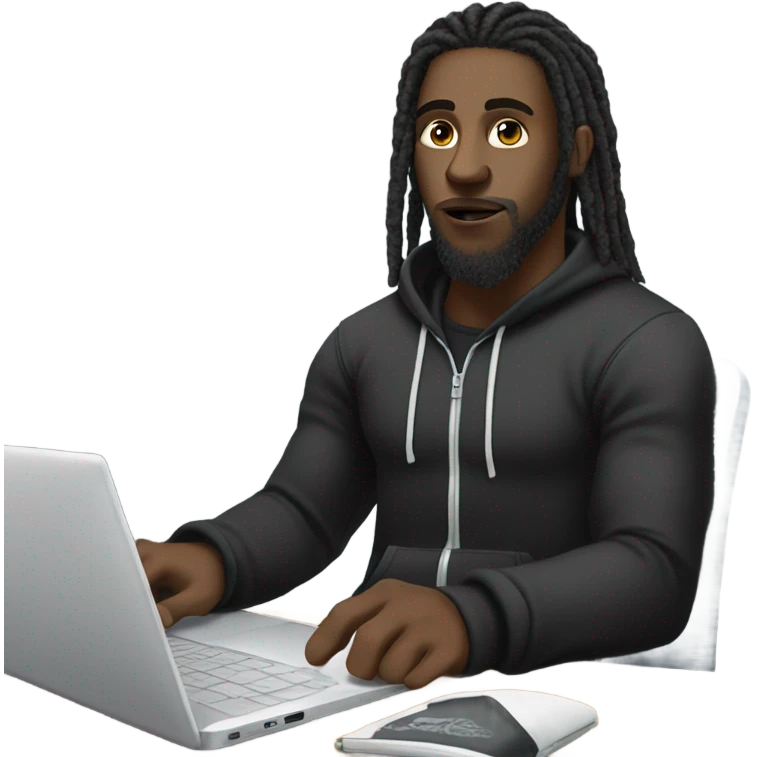 Black-guy-with-dreads-wearing-black-trackstuit-sitting-down-on-chair facing-foward-focused-on-laptop-computer- emoji