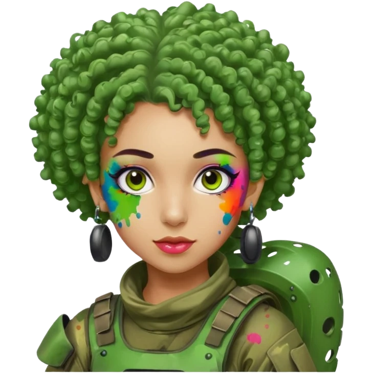 green curly haired painitball player with big earrings guy shot with lots of colors emoji