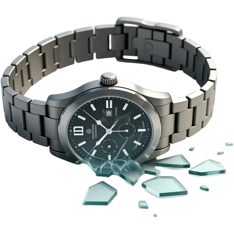 A wristwatch fallen on the ground with its glass cracked and slightly shattered. The strap is twisted, small glass fragments scattered nearby. Subtle scratches on the surface, suggesting impact. Soft dramatic lighting, no people, clean floor background, realistic and detailed. emoji