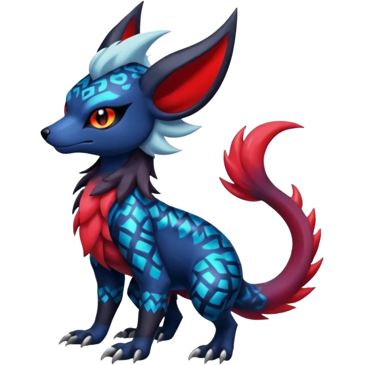Colorful patterned esoteric shiny glowing scaly scary cool badass edgy Zorua-Absol-Salandit-fusion (full body) emoji