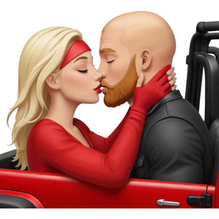 intimate moment between lovers, JetSetFly , photo Realistic Couple, white blond women with long  balayage hair & kissing bald white muscular man with ginger Beard  in a red Jeep Wrangler  emoji