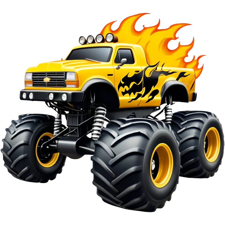 Maximum Destruction - Monster Jam (Model Year: 2021) (Iconic colour: Yellow with black flames) - A ferocious monster truck featuring a vivid yellow base accented by dramatic black flame patterns. Emphasize sharp, high-contrast flame streaks across the body, creating a look of aggressive, explosive energy. emoji