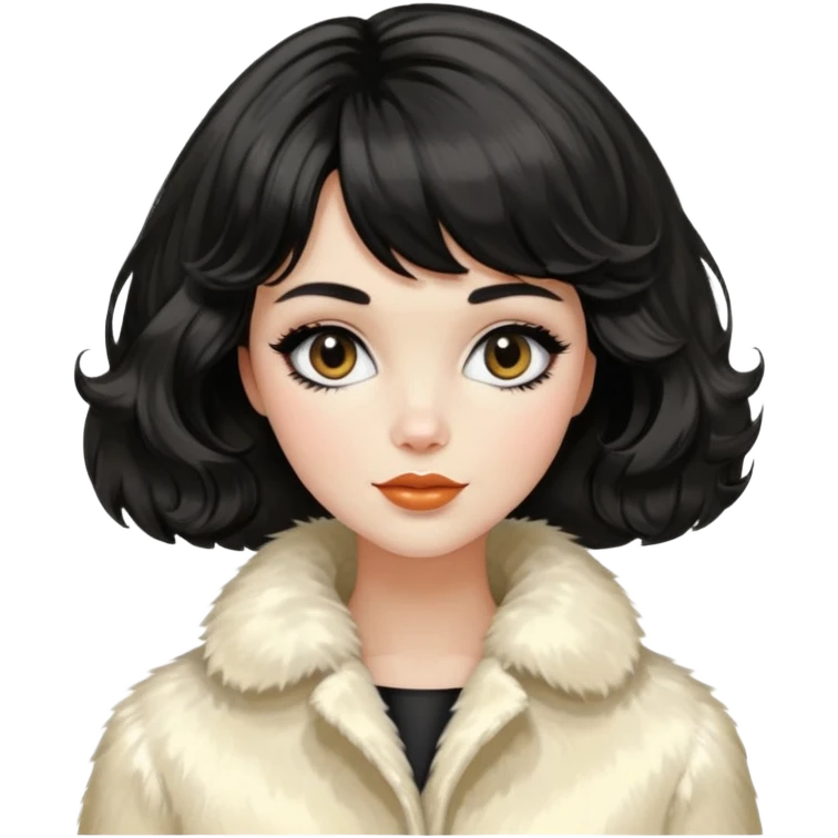Alluring 1960's mod French girl french shiny black wavy textured bob haircut tousled hair wearing cream fur coat emoji