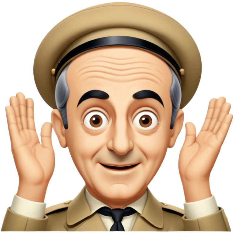 Icon for Comedy Movie: A vintage movie poster-style design with a humorous scene—Louis de Funès in his iconic comedic pose, exaggerated facial expression, and wide-open eyes. Include a slapstick element like falling over or interacting with a funny prop. Retro cinematic feel. Transparent background. emoji