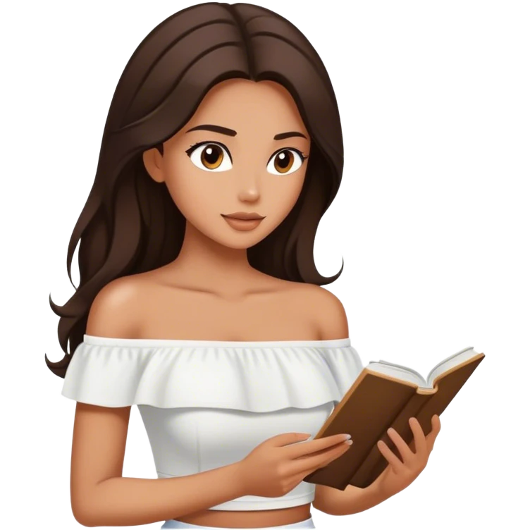 Beautiful woman in 1950’s woman fashion look, off-shoulder white shirts crop top, long dark brown hair, reading emoji