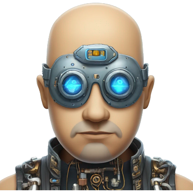 Fat bald cyborg head with tan skin, blue beard, blue steampunk goggles and circuits emoji