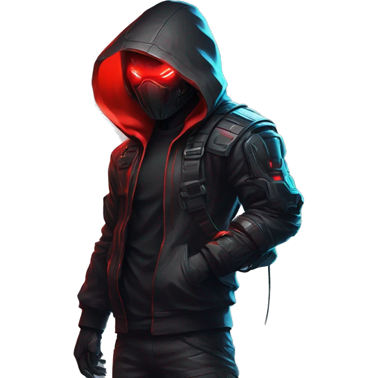 developer behind his laptop with this style : crysis Cyberpunk Riot Games Valorant neon glowing bright red character red dark black hooded assassin themed character emoji
