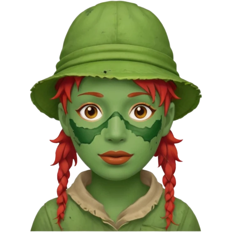 messy green full face green clay mask and tourist hat red hair  emoji