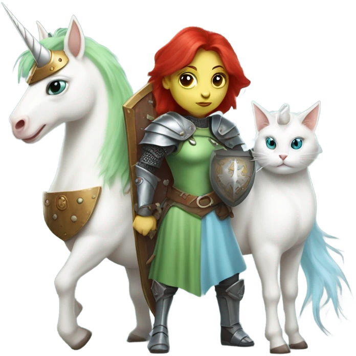 medieval shield: ([politically incorrect, (
	{ female, alien, witch, color: light green, hair:red, eyes:cat} ]
	on a 
	[{ unicorn: white, legged:four, mane: light blue }])) emoji