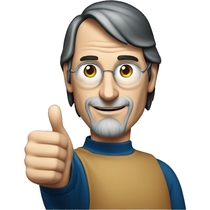 Steve Jobs, wearing a dark blue t-shirt, with his hand raised giving a thumbs up, Steve Jobs with rich details emoji