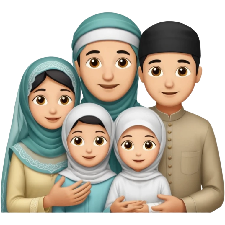 Lebaran. Keluarga terdiri dari Ayah dan ibu, 3 orang anak yang terdiri dari dua anak laki-laki dan seorang anak perempuan yang merupakan anak terkecil. Ibunya menggunakan cadar. emoji