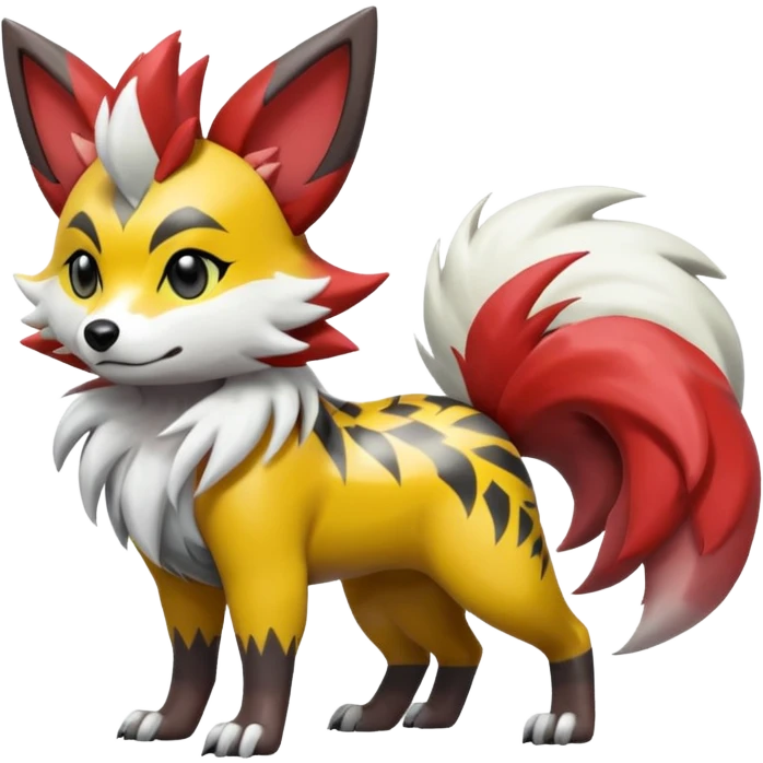 Gren-Yellow-Mango-Gradients-colored Lycanroc-Furret-Zorua-Poochyena-fusion, full body, with black and white edgy markings patterns emoji