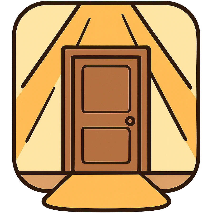 icon for '입구 위치가 눈에 잘 띄었어요' with a door with spotlight or rays drawing attention to it, showing very visible entrance, clean minimal style emoji