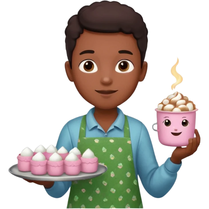 A young black vendor boy with pink cheeks, holding a tray of marshmallow-topped cocoa wearign green patterned apron emoji