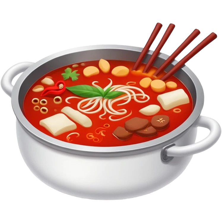 Chongqing hotpot with red spicy broth and ingredients, simplified emoji style with bold outlines and bright colors, cartoon style Chinese hot pot emoji