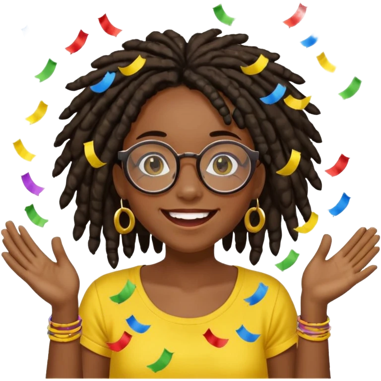 darker skin female with dark dreadlock hair wearing large round glasses and a yellow top celebrating with confetti emoji