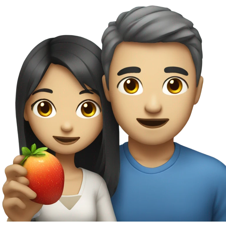 Asian girl giving fruits to white man with blue eyes emoji