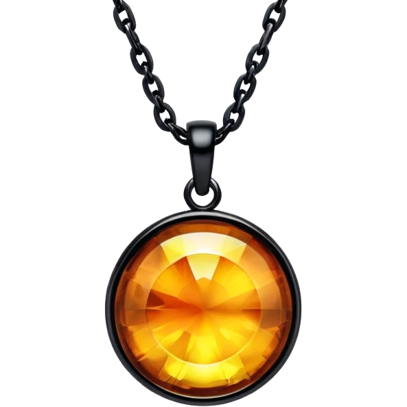 extreme close up of a round cut holographic amber charm with black findings and black chain emoji
