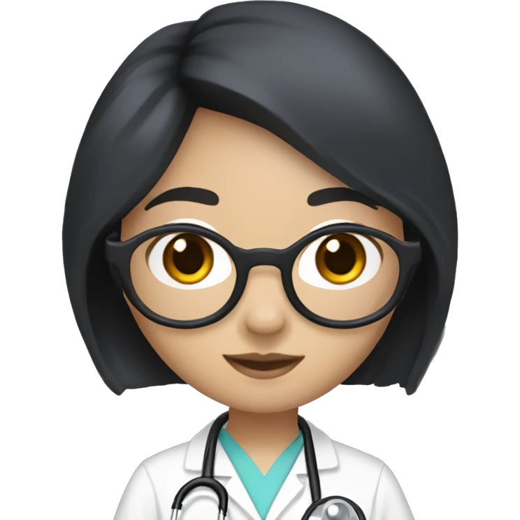 Asian girl, with white skin tone, black hair, wearing silver round harry potter glasses and a white scrub and a stethoscope  emoji