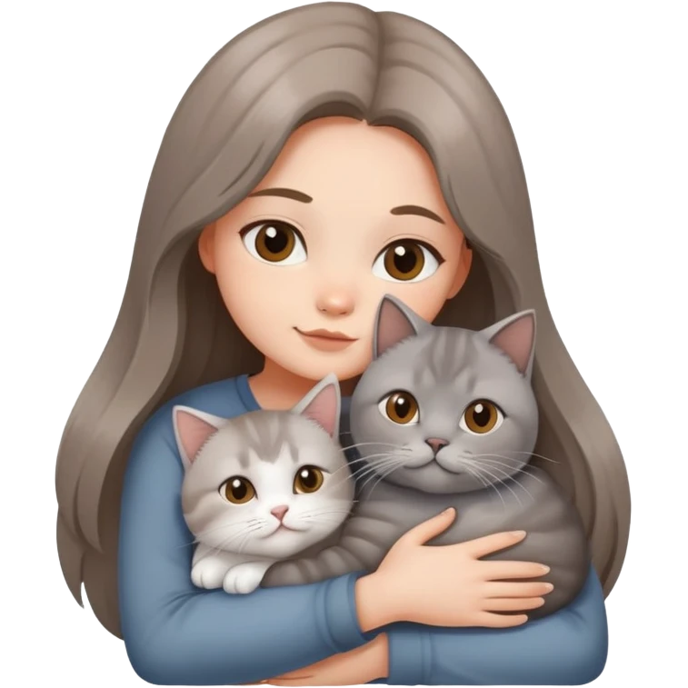 A long-haired girl hugs a British shorthair cat with a brown and white gradient emoji