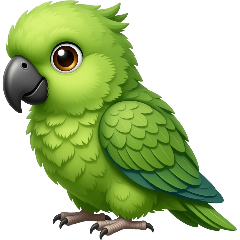green parrot emoji, apple memoji 3D style, 
fluffy feathers, cute, soft shading, 
black background, high quality emoji