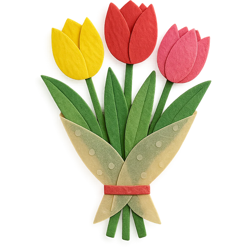 close-up of a tulip bouquet, fine paper edges, vivid pink, yellow, and red tulips, decorative wrapping emoji