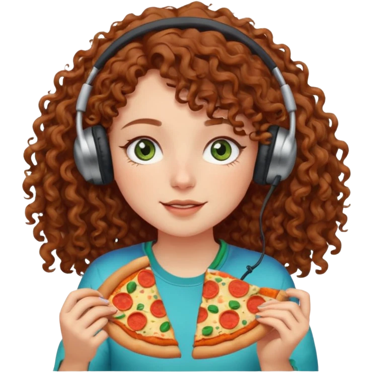 Brown curly hair girl blue green eyes painting sleeping eating dancing listening to misic emoji
