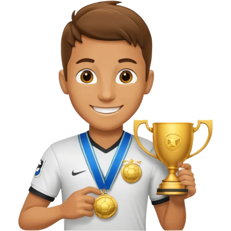 happy soccer player with a first-place medal and a trophy emoji