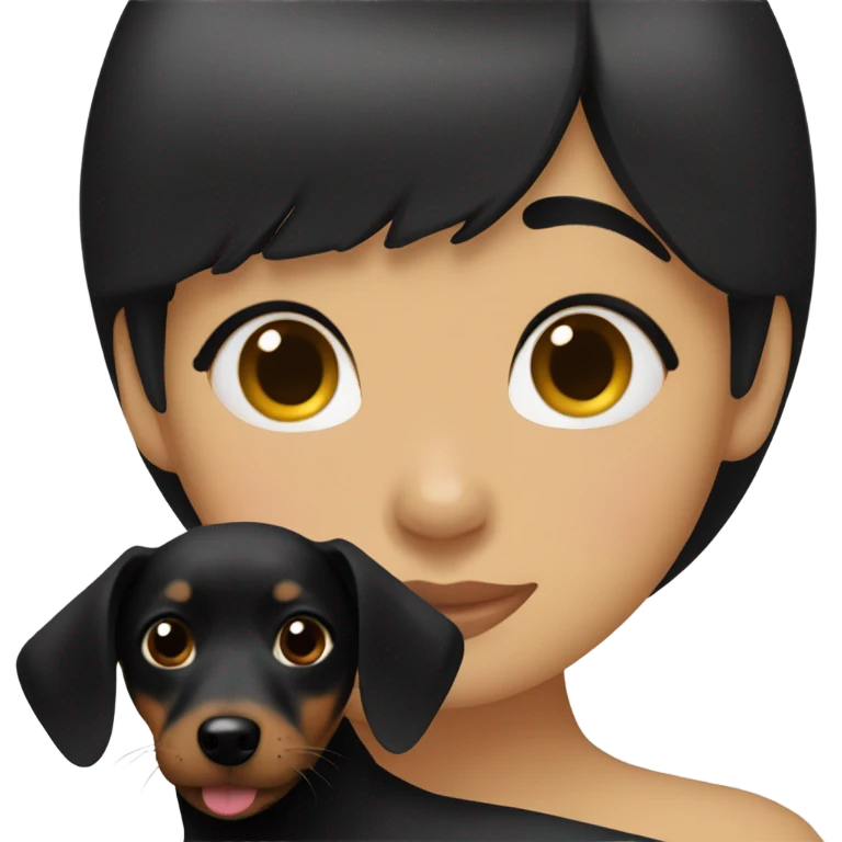 Asian woman with black bob bangs hugging black dachshund emoji