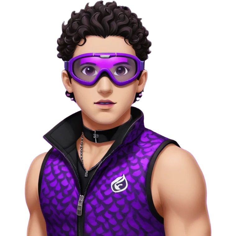 close-up of bad guy male athlete with white skin and moderately curly dark brown hair on top with shaved sides, wearing ski goggles with purple frames and very dark black lenses, a simple plain black chain necklace, and a completely unzipped sleeveless vest with purple and black sequin fire pattern design with no logo, with an extremely arrogant expression sticking his tongue out mockingly, looking menacing and villainous emoji