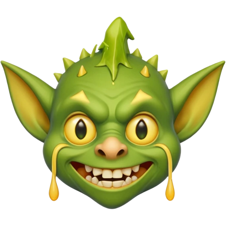 cheddar goblin, green skin and ears, underbite, cheese dripping from mouth, yellow eyes, pointy nose emoji