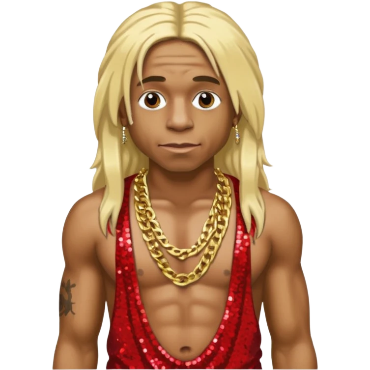 Lil Wayne with long blonde hair, red sequin baggy pants, shirtless with necklace emoji